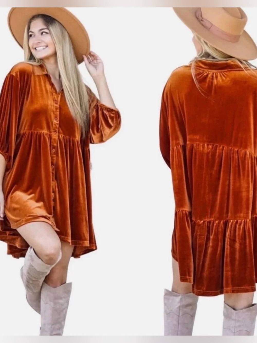 Umgee Velvet Tunic Dress Rusty Burnt Orange Tiered Babydoll Button Down Large